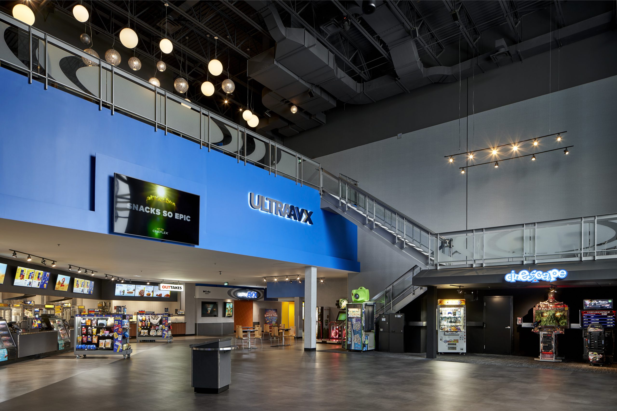 Cineplex Pergola Commons lobby with the concession stand and arcade
