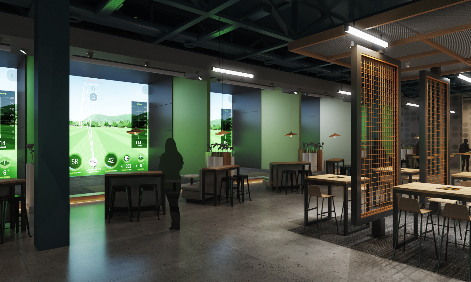Golfplay lounge with indoor golf simulator bays and high-top seating