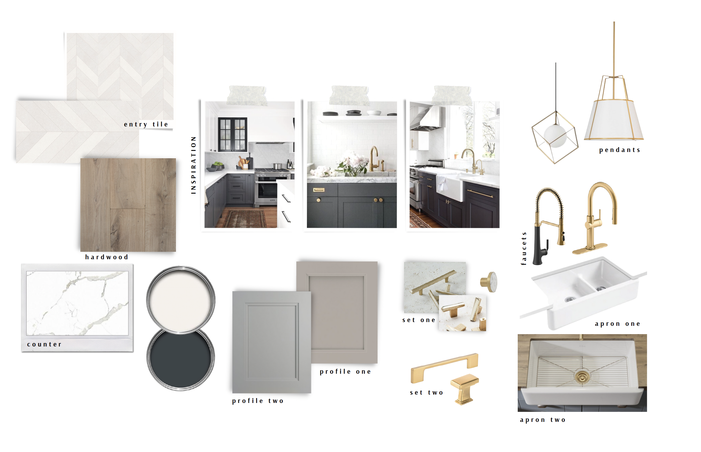 Mood board for the Boughton Crescent kitchen with tile, hardware and lighting selections
