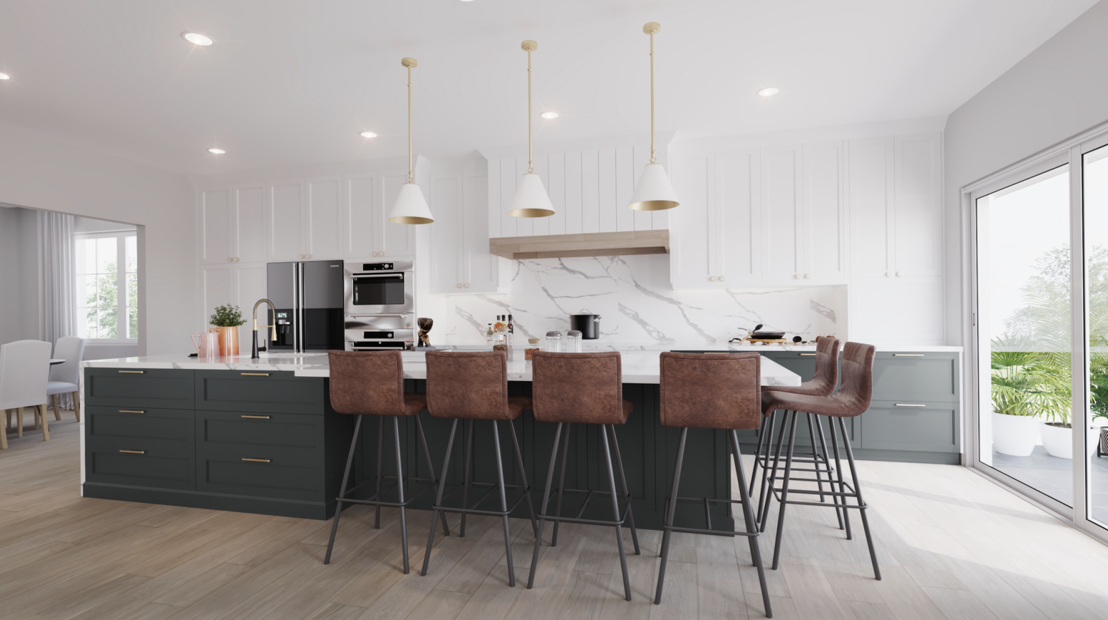 Rendering of the Boughton Crescent kitchen with a navy island and marble backsplash