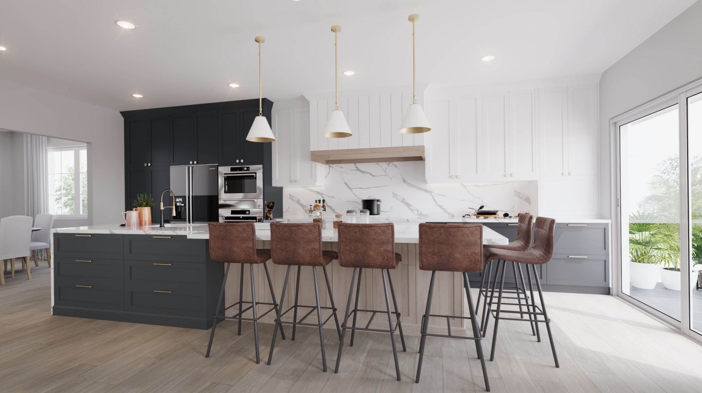 Rendering of the Boughton Crescent kitchen with dark cabinetry and open shelving