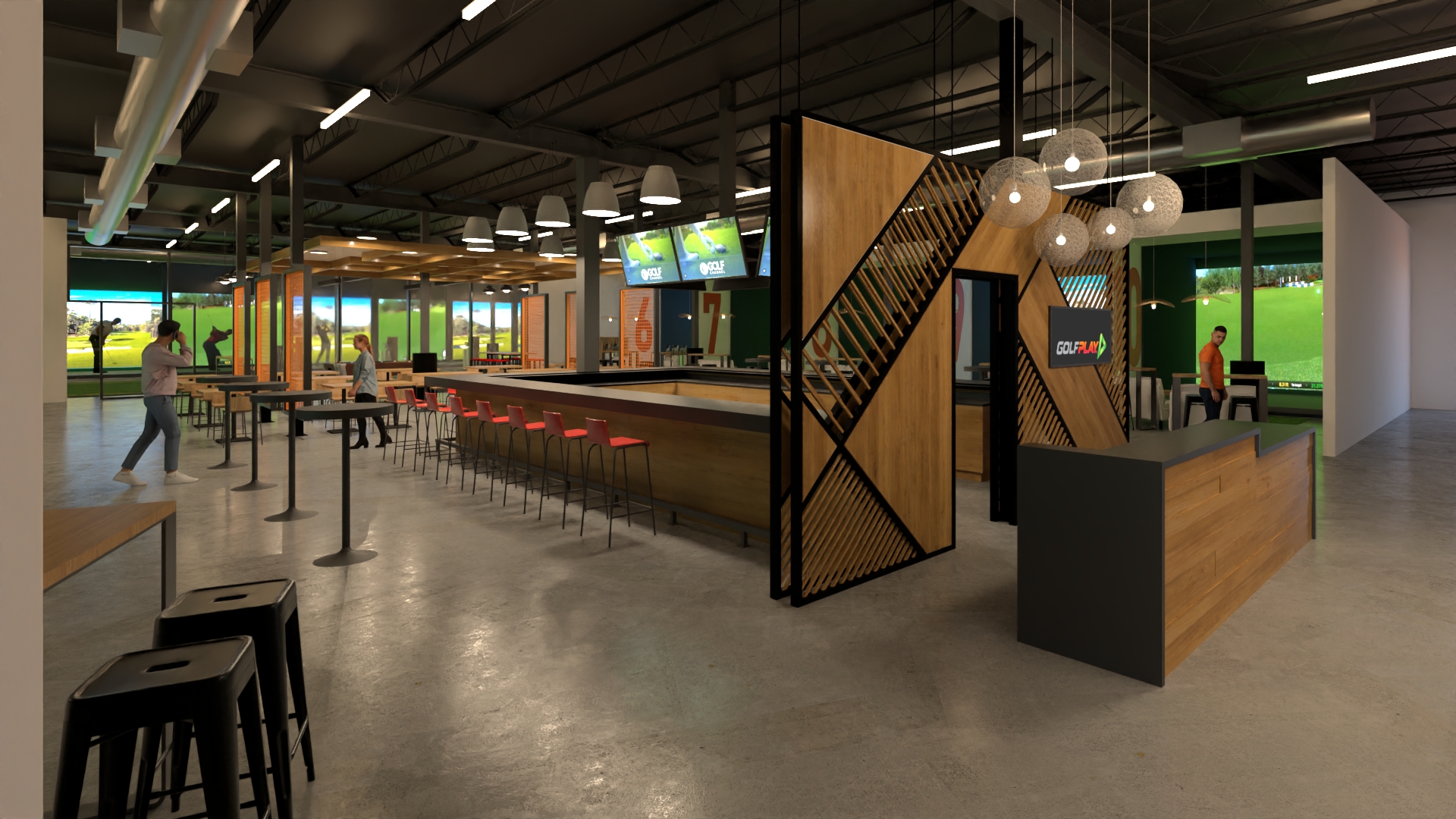 Rendering of the Golfplay bar and feature staircase