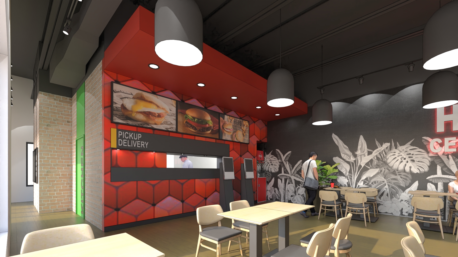 Hero Certified Burgers dining room with a red hexagon-tiled feature wall and menu boards