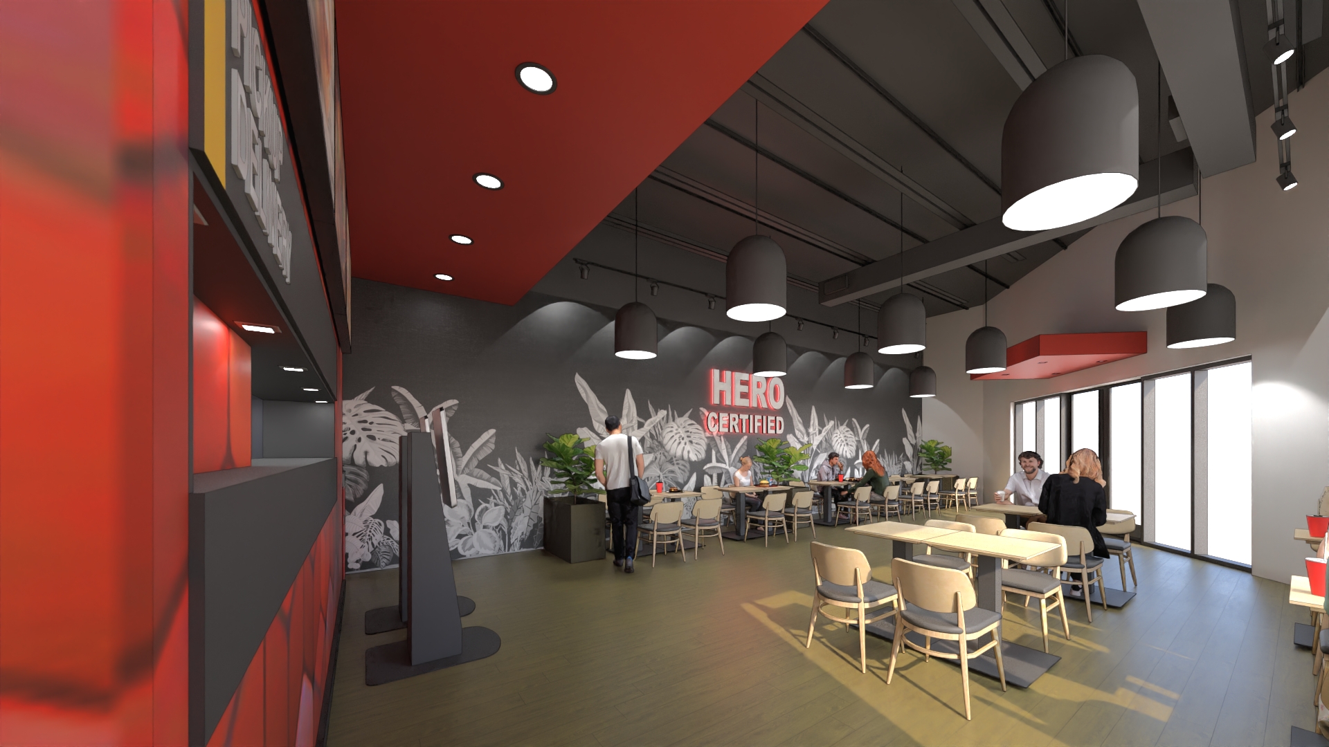 Rendering of the Hero Certified Burgers dining room with a red angled ceiling and mural wall