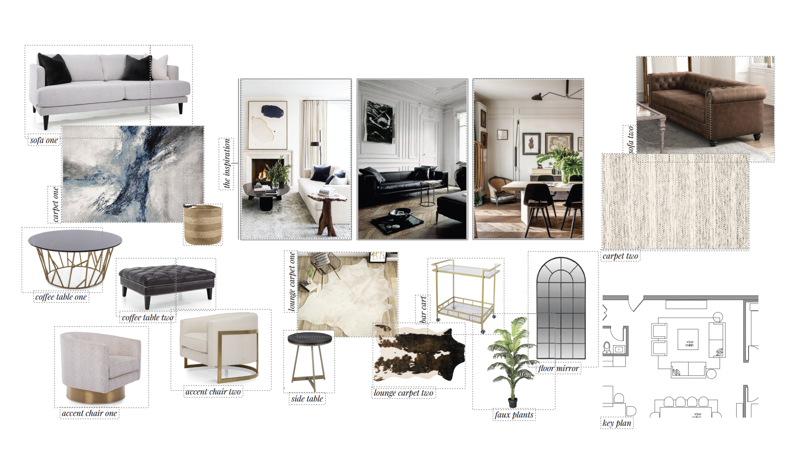Mood board for the Signet Drive living room with furniture, art and finish selections
