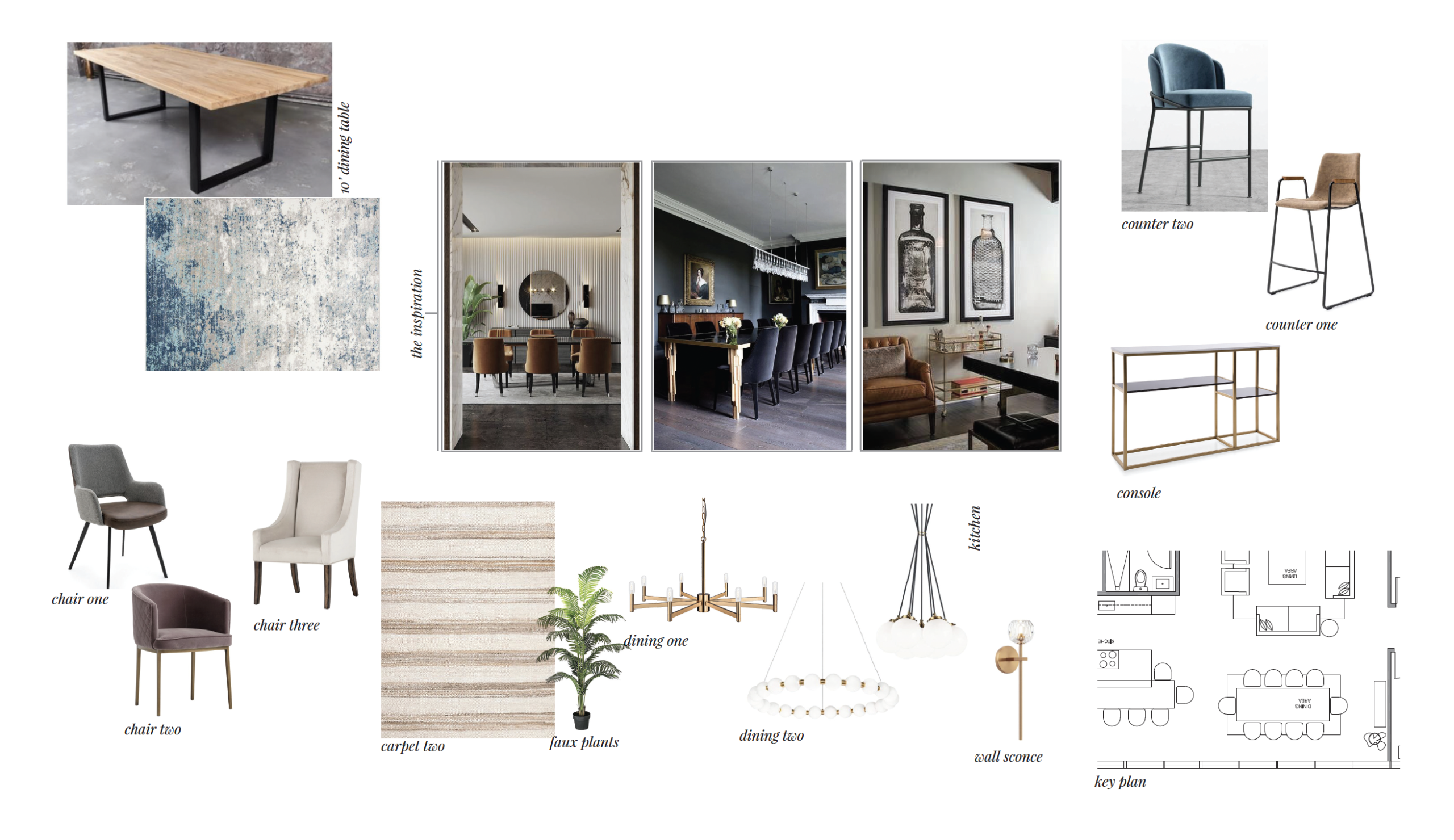 Mood board for the Signet Drive dining and bar area with seating and lighting selections
