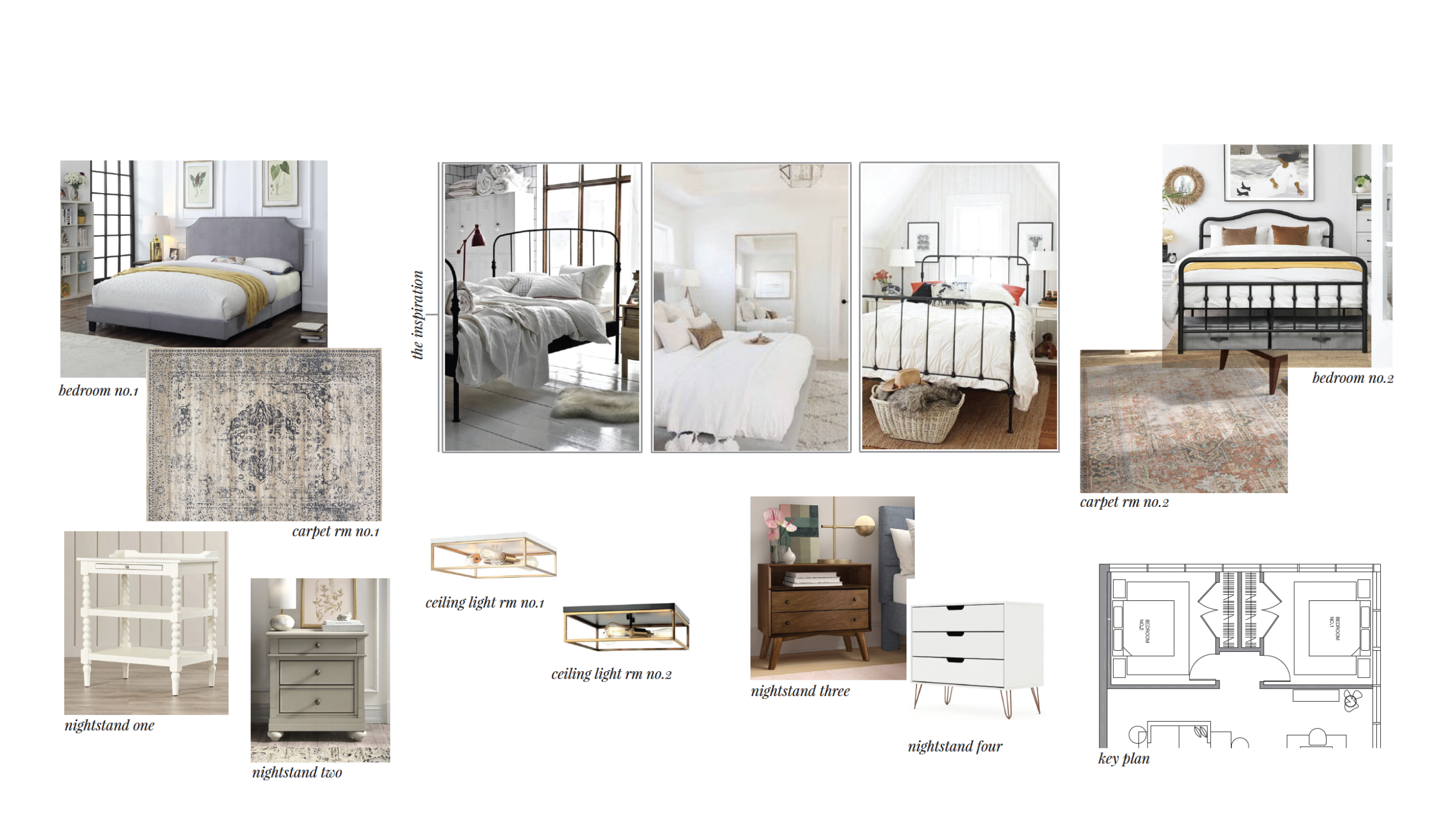 Mood board for a Signet Drive bedroom with bedding, rug and nightstand selections