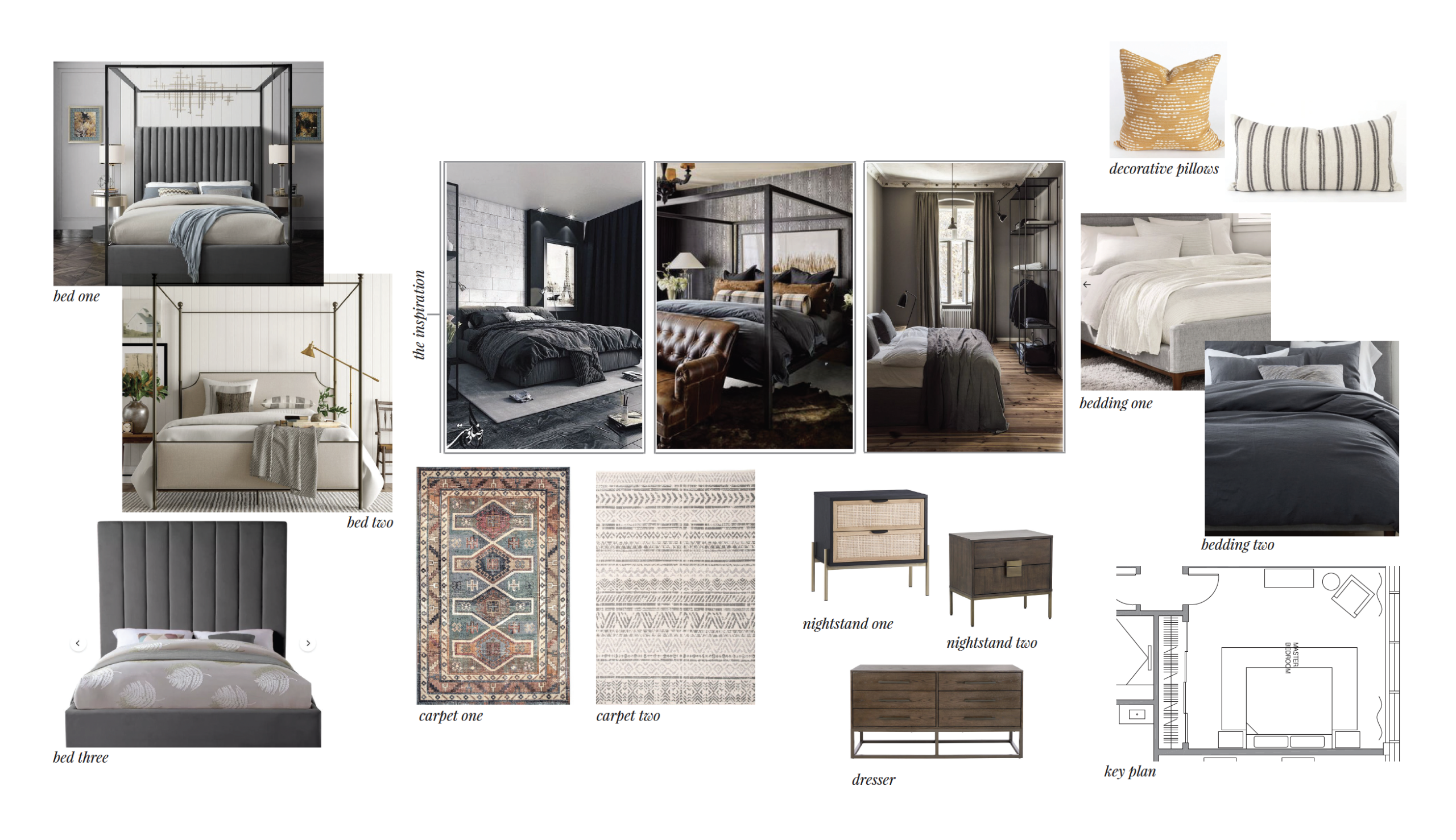 Mood board for the Signet Drive primary bedroom with dark bedding and case goods